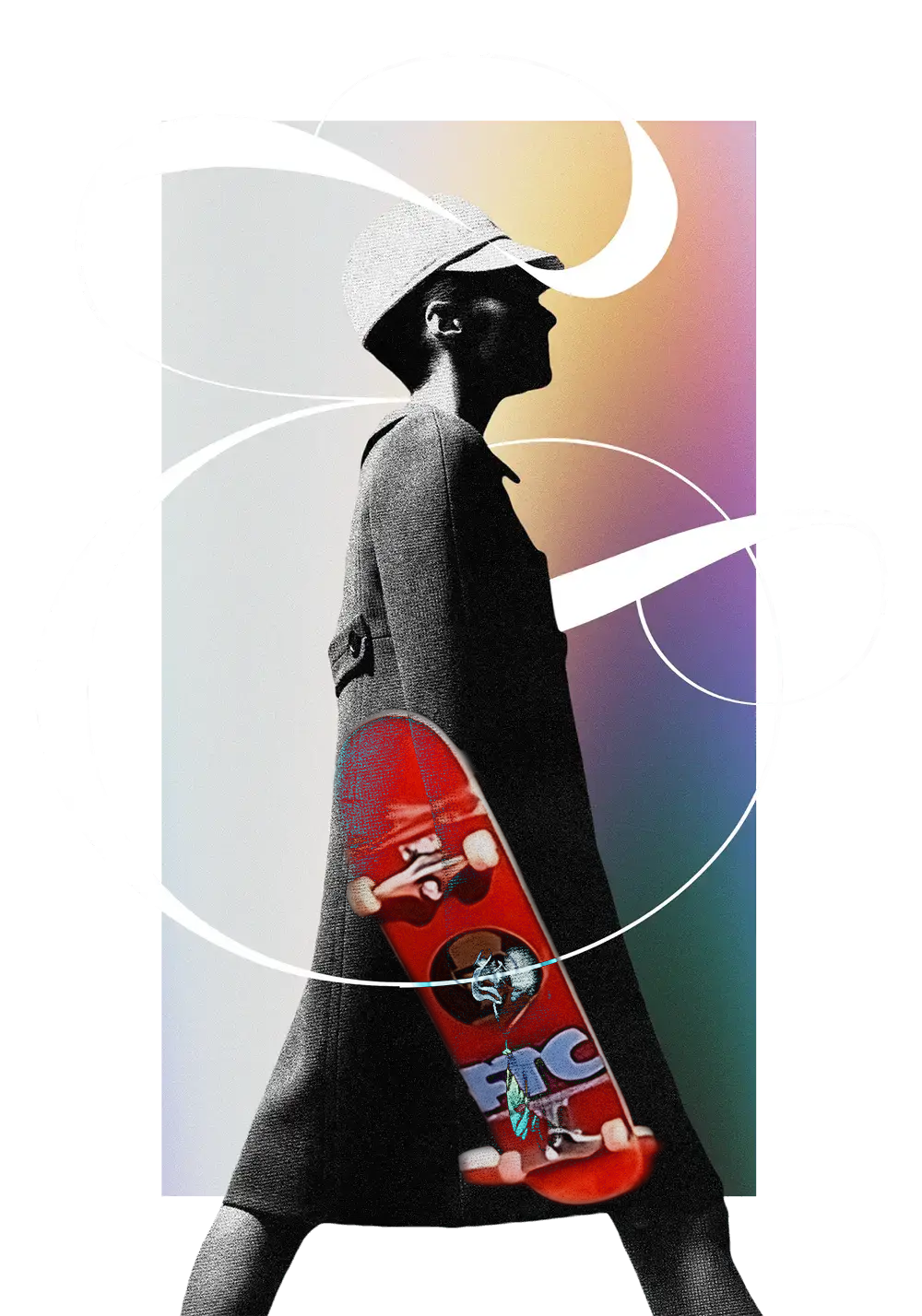 Skateboard in hand of a balck and white man